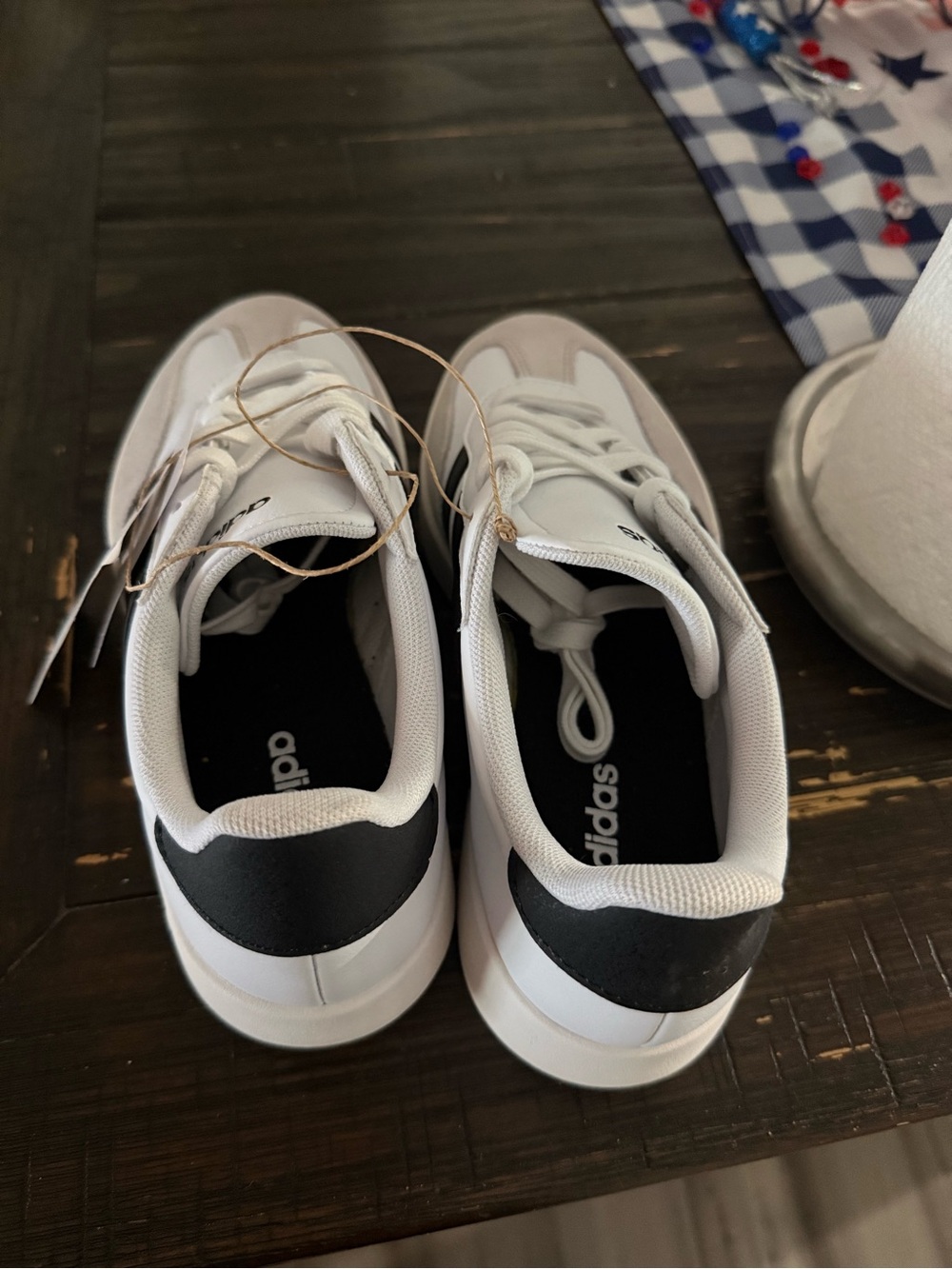 adidas White Sneakers with Black Stripes and Tan Accents - Picture 4 of 4
